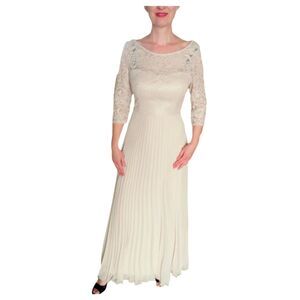 Sequin maxi long dress formal gown beige cream Miss Kim open back pleated size 6